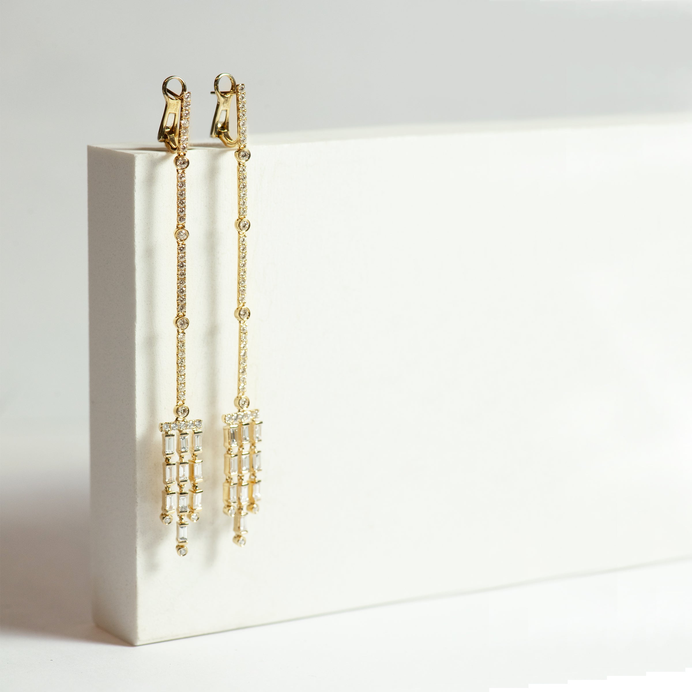 yellow gold and diamond dangle earrings. chandelier earrings. baguette diamonds. round diamonds. fine jewelry luxury. Local SF jewelry, San francisco, Luxury, hand made, Bay area, gift for her.