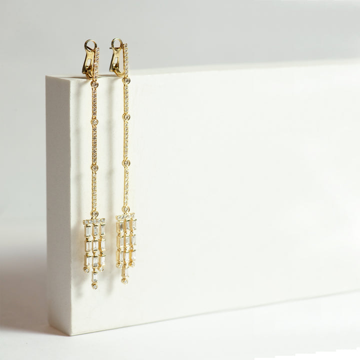 yellow gold and diamond dangle earrings. chandelier earrings. baguette diamonds. round diamonds. fine jewelry luxury. Local SF jewelry, San francisco, Luxury, hand made, Bay area, gift for her.