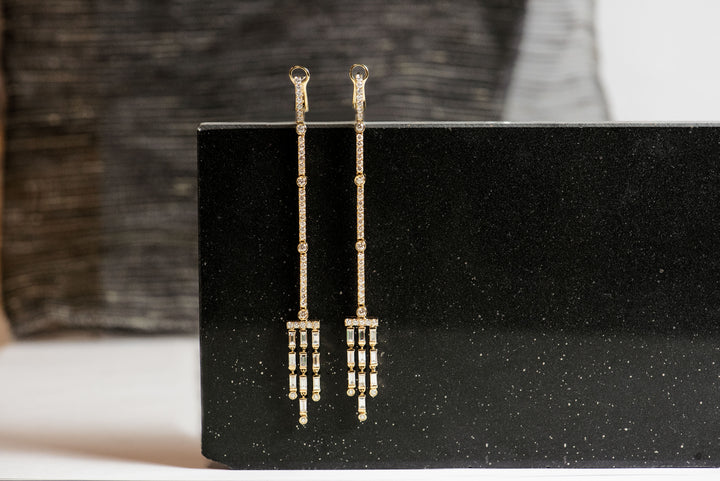 yellow gold and diamond dangle earrings. chandelier earrings. baguette diamonds. round diamonds. fine jewelry luxury. Local SF jewelry, San francisco, Luxury, hand made, Bay area, gift for her.
