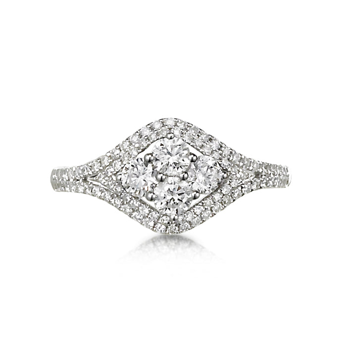 white gold and diamond ring. unique engagement ring. cluster of 4 diamonds. anniversary ring. round diamonds. fine jewelry luxury. Local SF jewelry, San francisco, Luxury, hand made, Bay area, gift for her.