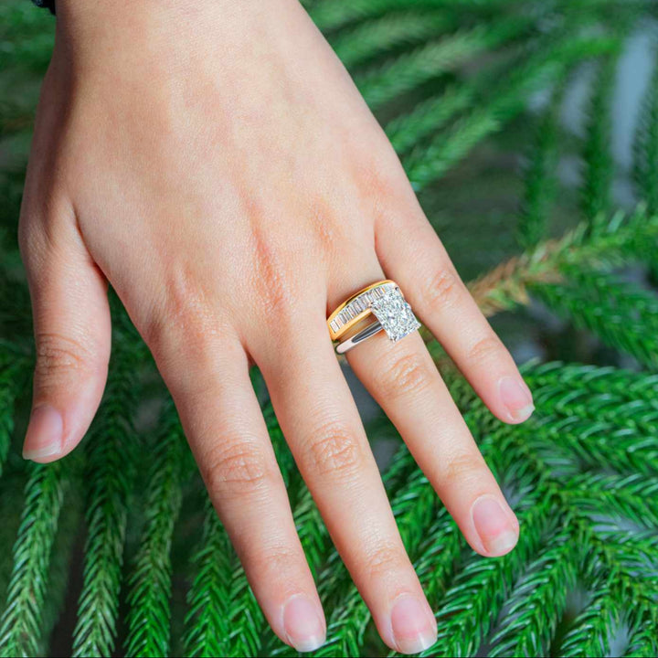 Julien Channel Set Baguette Diamond Band 18k yellow modeled on hand stacked with engagement ring 