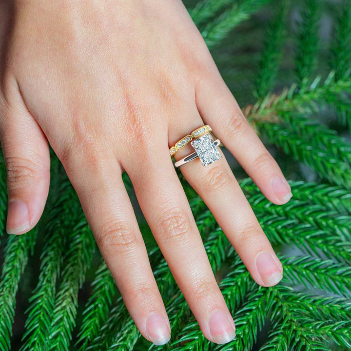 "Nadine" geometric diamond band with vintage miligrain detail in 14k yellow stacked with engagement ring