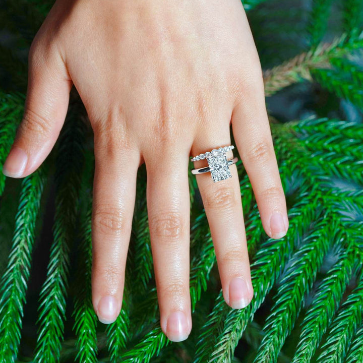"Gabrielle" Graduated Diamond Band in 18k white stacked with engagement ring 