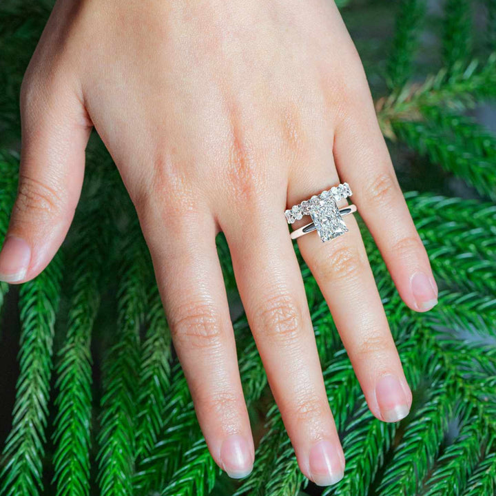 "Cooper" 8-Stone Oval Shared-Prong Diamond Ring in 18k white stacked with engagement ring 