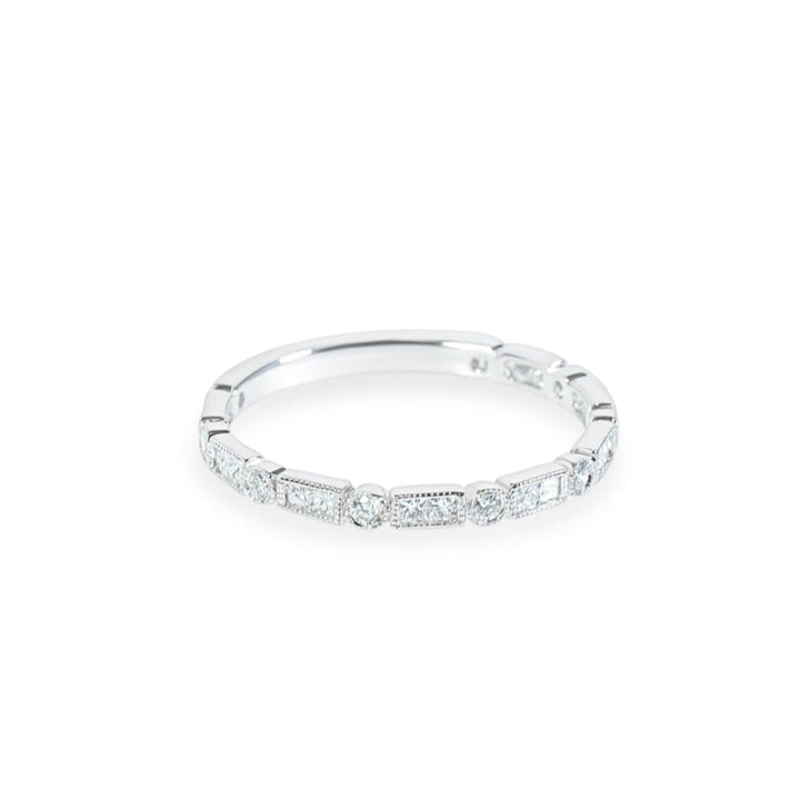 "Fay" Round and Princess cut diamond band with milgrain detail in 18k white gold 16PD-0.28CTTW & 9RD-0.12CTTW 