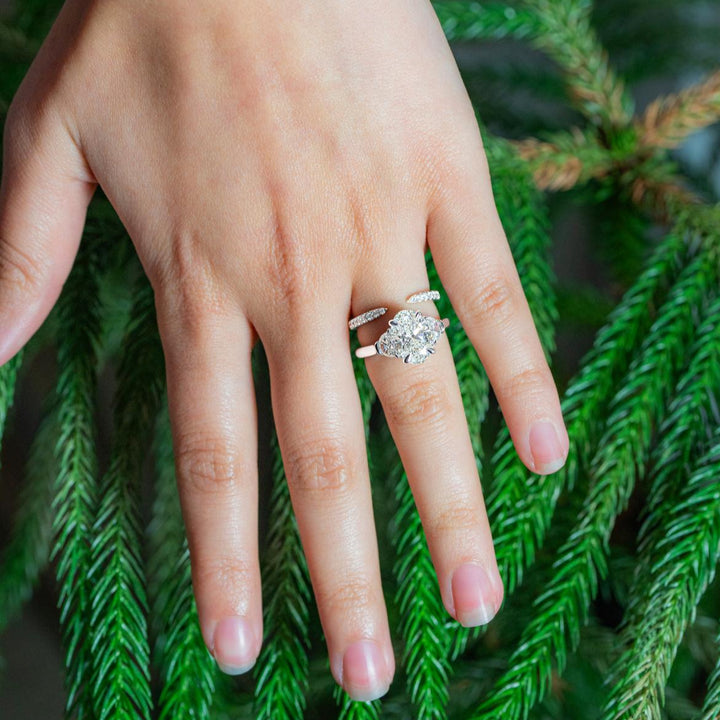 "Frances" Diamond Open Stacking Band in 14k white gold on hand stacked with engagement ring 