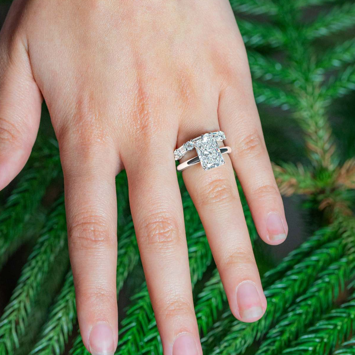 "Alisa" Emerald and Round Diamond Band in 18k white stacked on engagement ring 