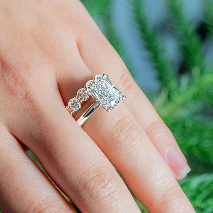 "Brita" 5-Stone Diamond Shared-Prong Ring in 14k yellow gold 5RD-1.68CTTW stacked with engagement ring 