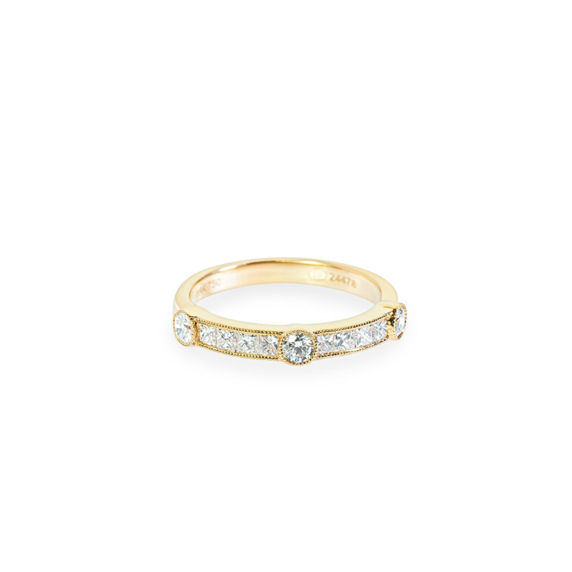 "Lavinia" Vintage-Inspired Round and Princess Cut Diamond Band in 18k yellow 8PD-0.47CTTW & 3RD-0.27CTTW 