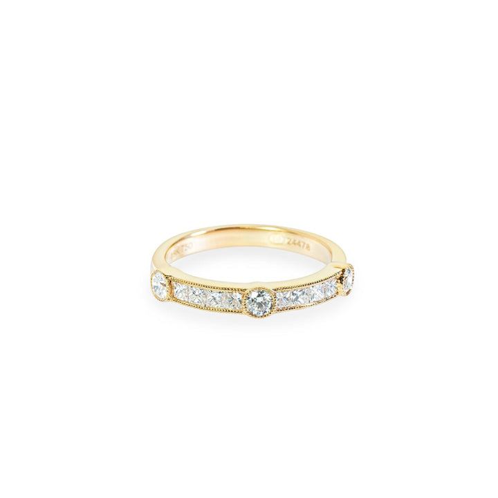"Lavinia" Vintage-Inspired Round and Princess Cut Diamond Band in 18k yellow 8PD-0.47CTTW & 3RD-0.27CTTW 