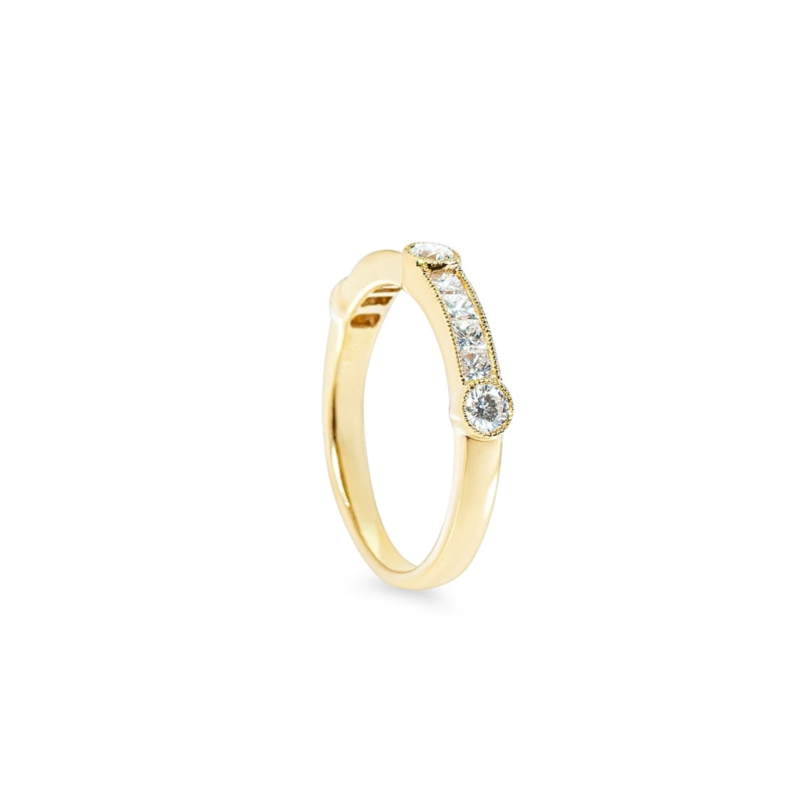 "Lavinia" Vintage-Inspired Round and Princess Cut Diamond Band in 18k yellow 8PD-0.47CTTW & 3RD-0.27CTTW 