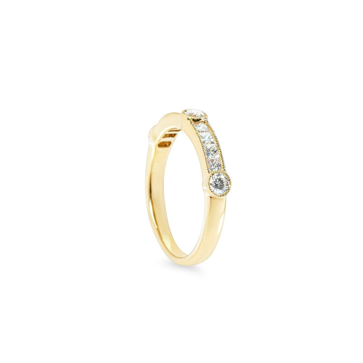 "Lavinia" Vintage-Inspired Round and Princess Cut Diamond Band in 18k yellow 8PD-0.47CTTW & 3RD-0.27CTTW 