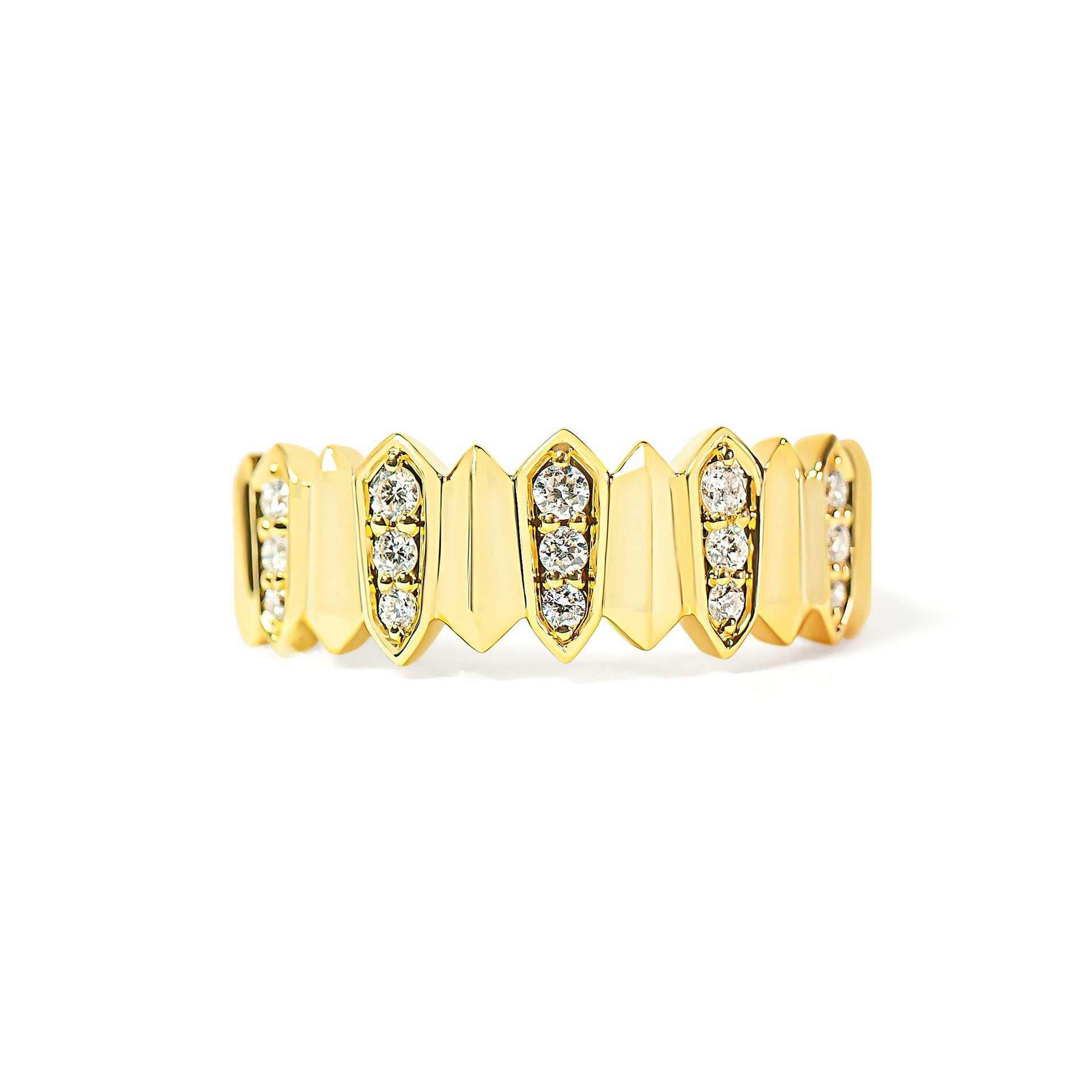 Gold ring with embedded diamonds on a white background