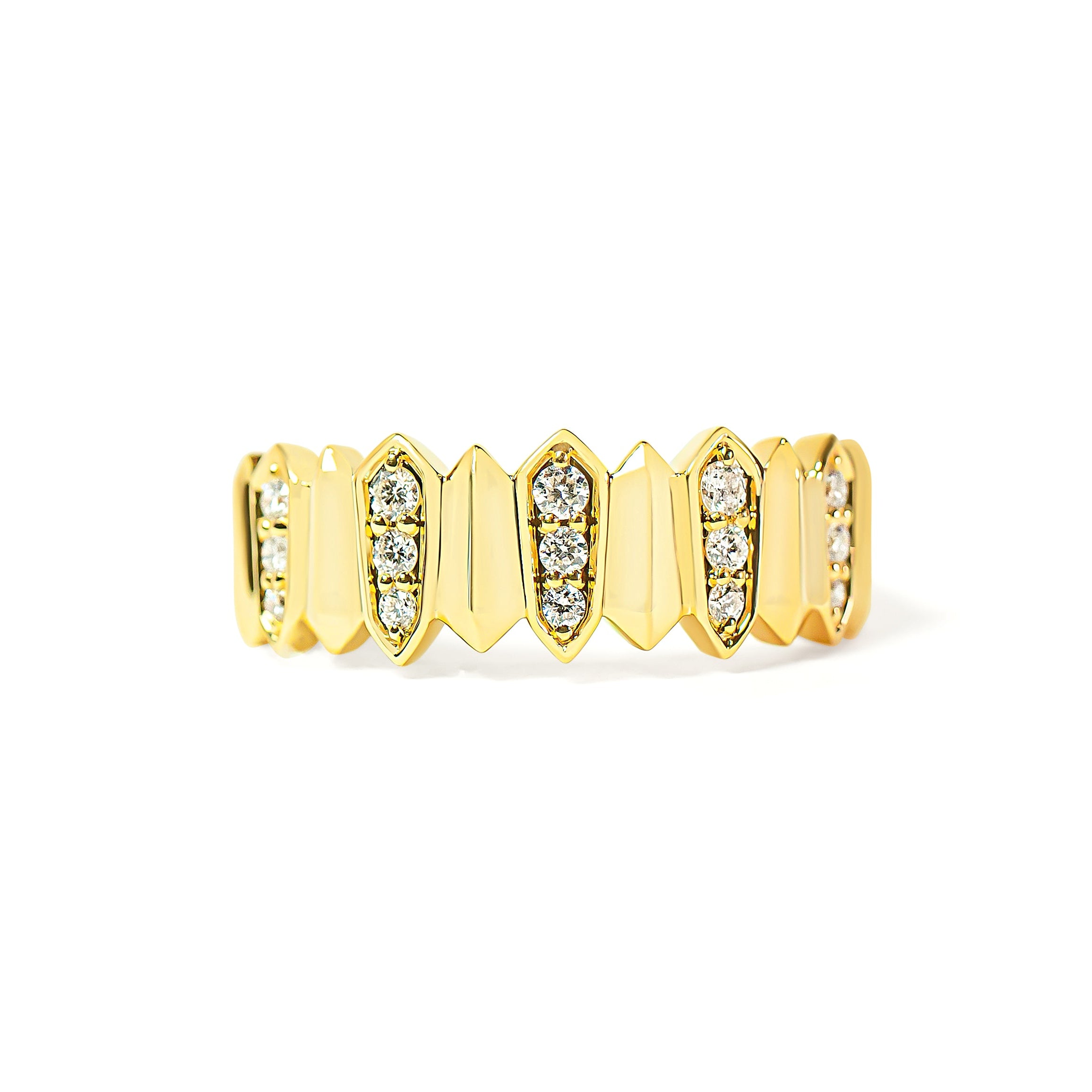 Gold ring with embedded diamonds on a white background