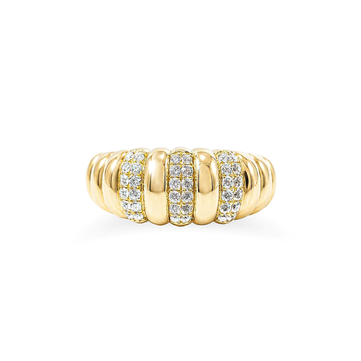 Gold pave diamond domed stretch ring on a white background