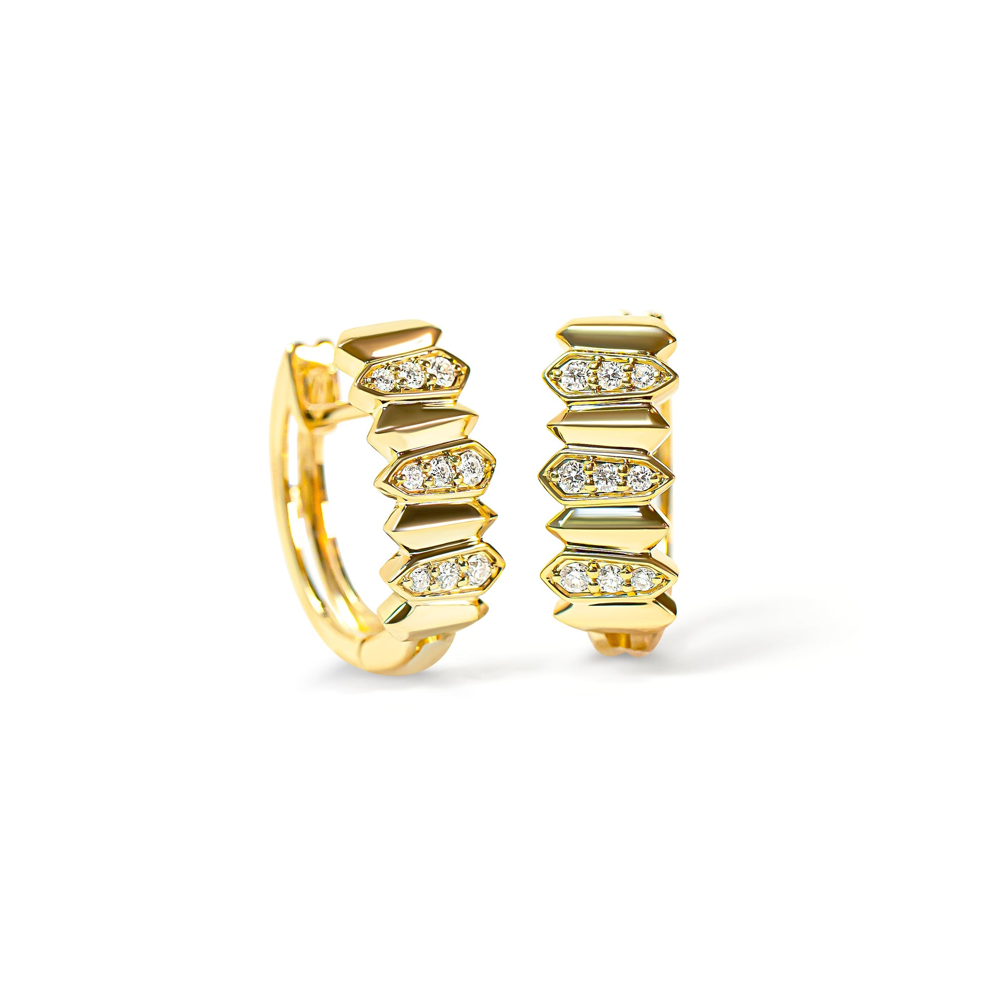 Gold hoop earrings with diamond accents on a white background