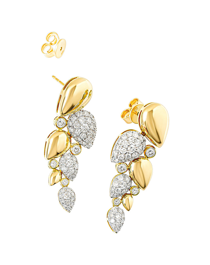 A pair of gold and diamond pave drop earrings with a leaf-like design, shown on a plain white background.