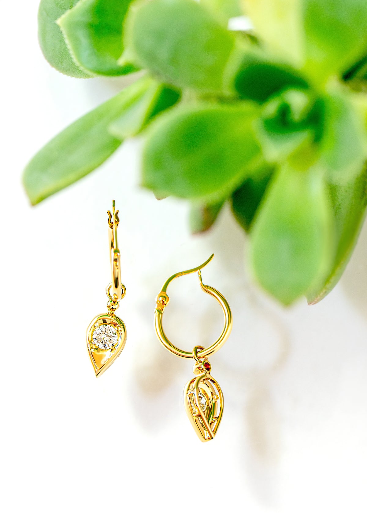 A pair of gold drop earrings, one teardrop-shaped with a white diamond and one hoop with a matching gold teardrop charm, displayed on a white surface with a blurred green succulent in the background.