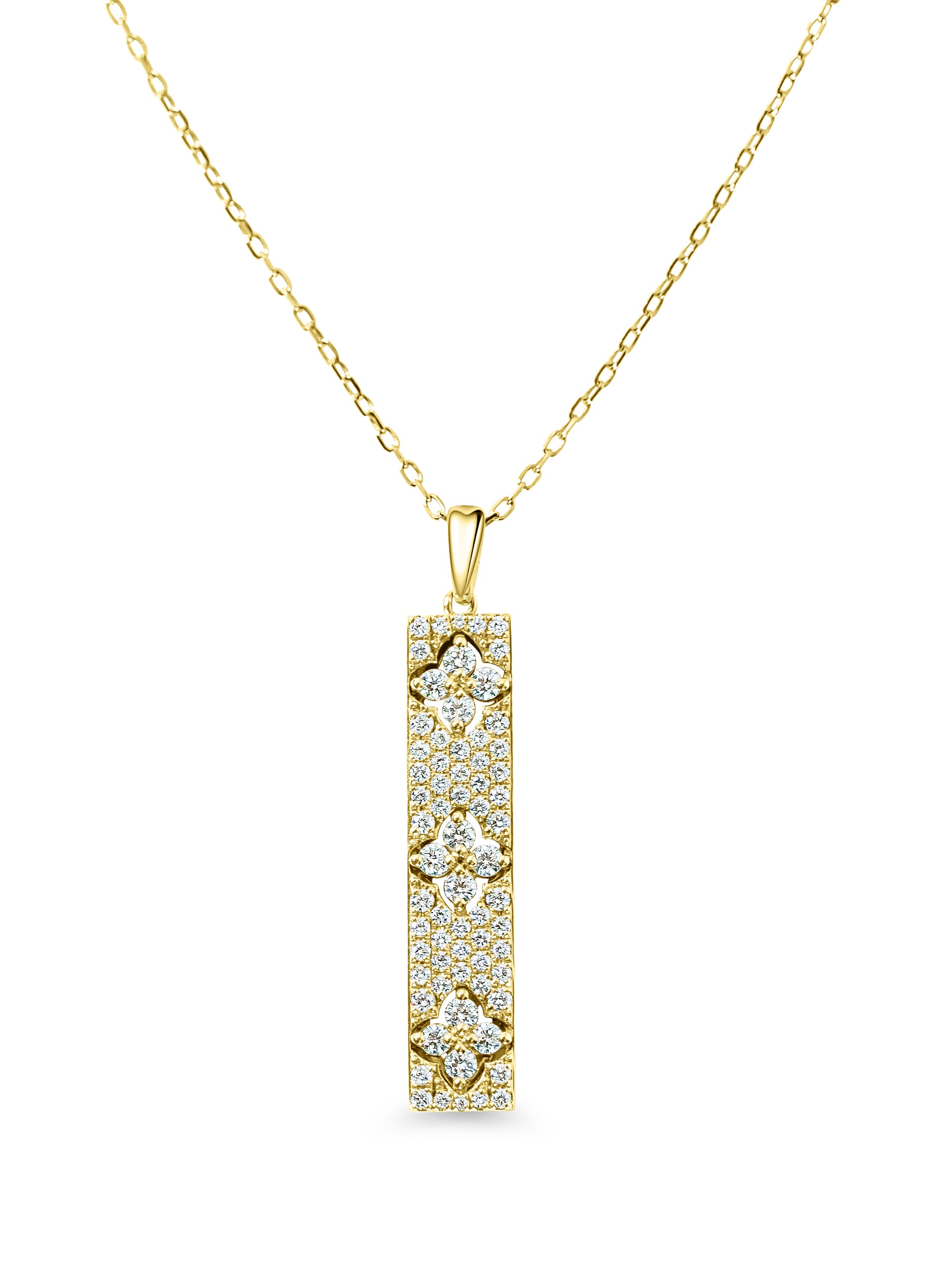 Gold bar necklace with a diamond pave pendant on a white background 