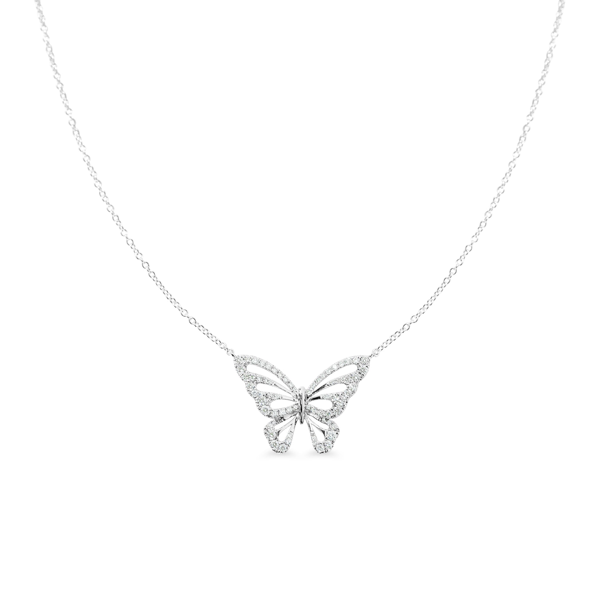 Butterfly-shaped diamond necklace on a white background