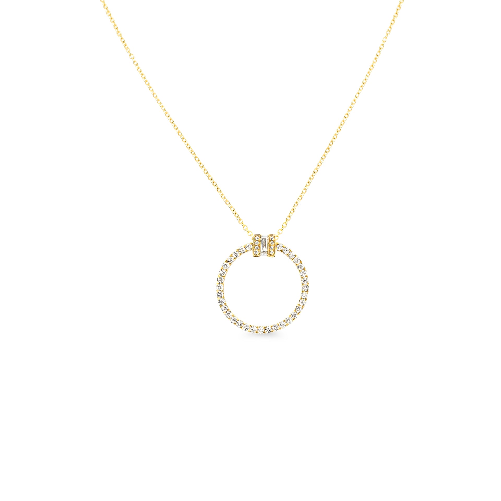Gold necklace with a circular diamond pendant on a white background