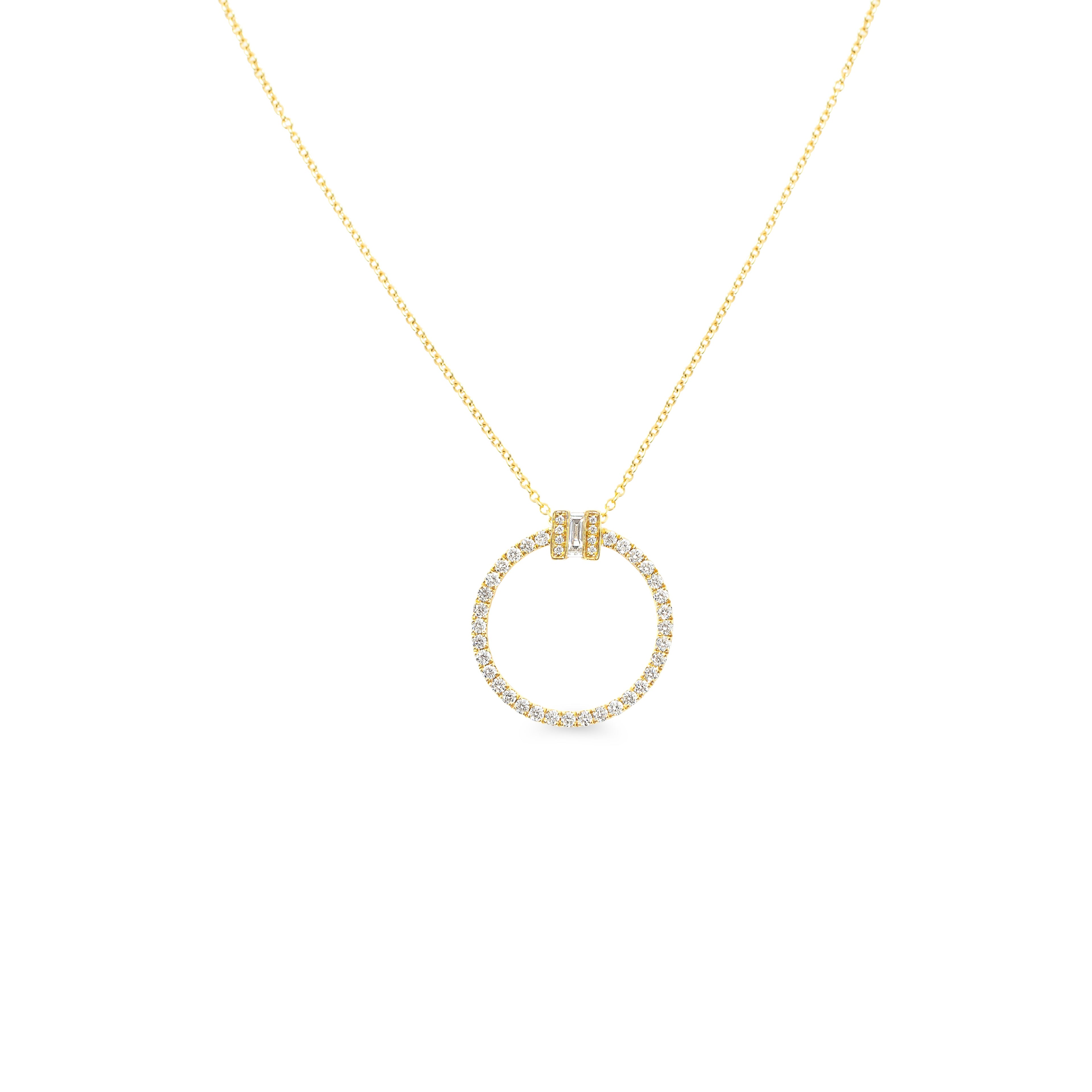 Gold necklace with a circular diamond pendant on a white background