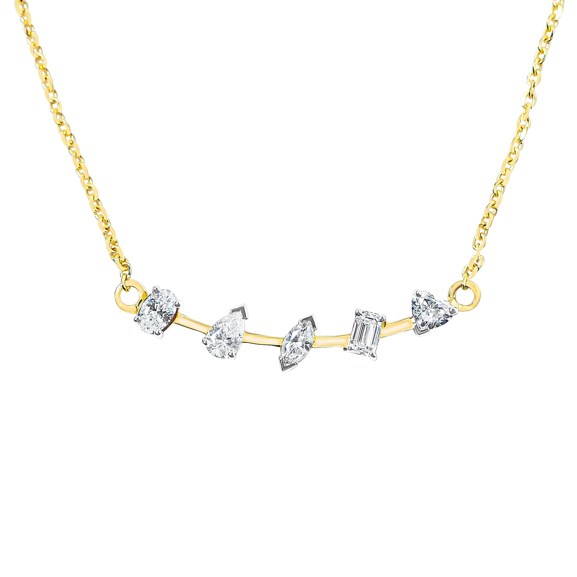Gold bar necklace with mix-shaped diamonds on a white background