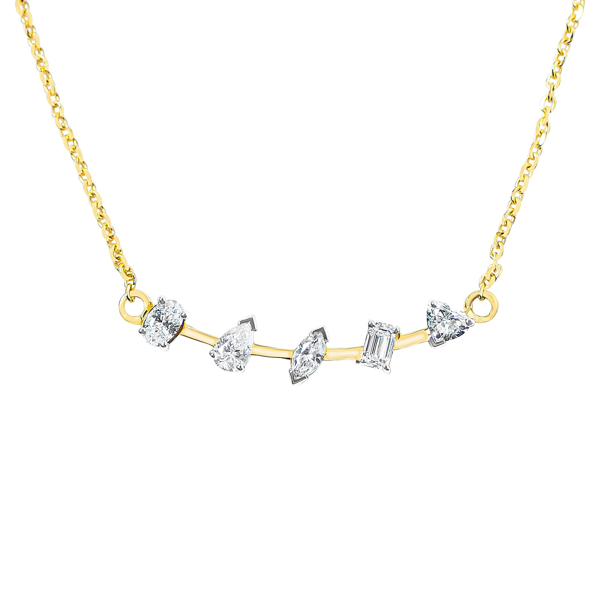 Gold bar necklace with mix-shaped diamonds on a white background