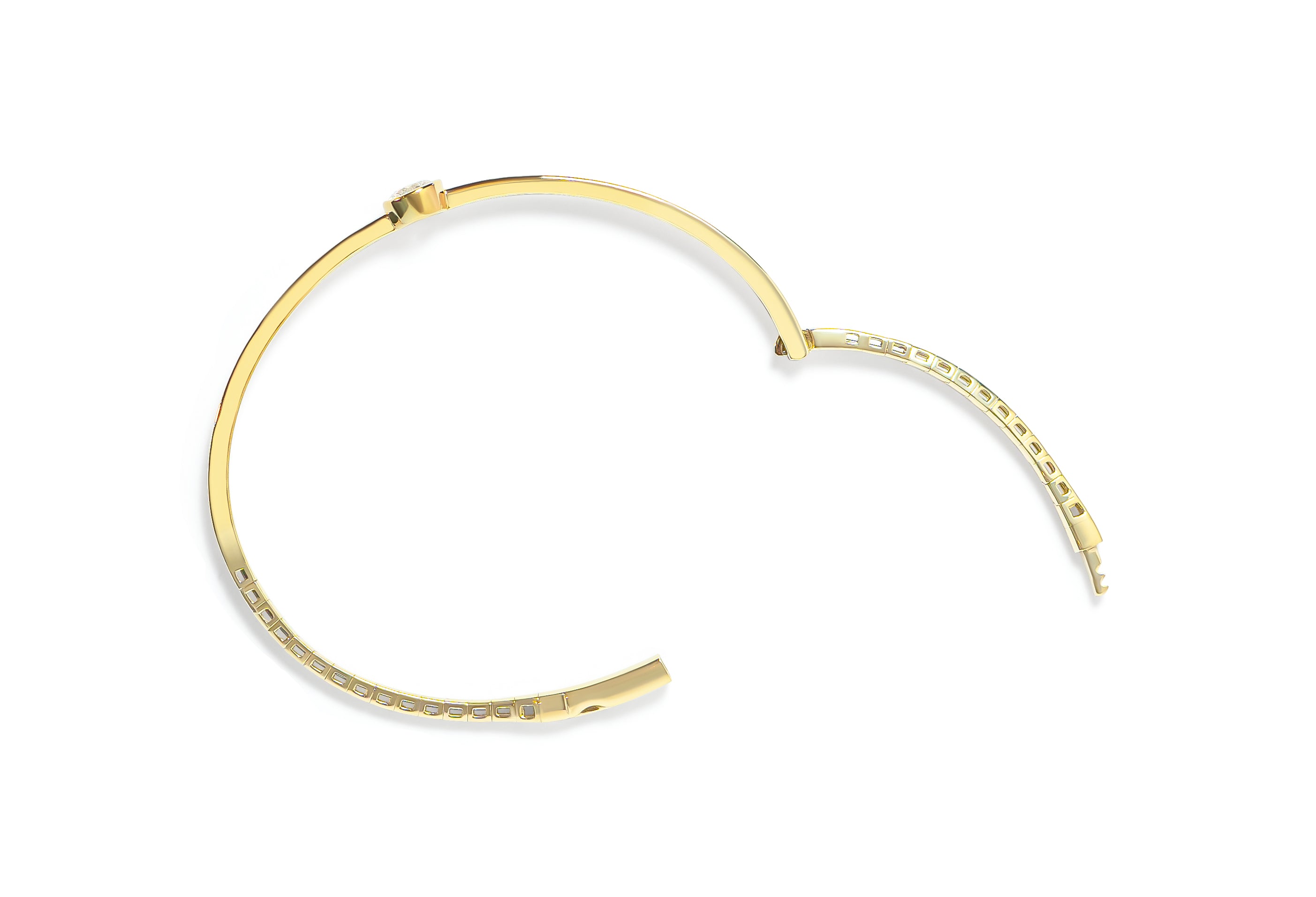 Top view of an open gold bangle with a round diamond on a white background
