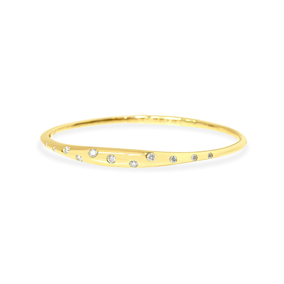 A yellow gold bangle bracelet with polka dot small diamonds set along the front, shown against a plain white background.