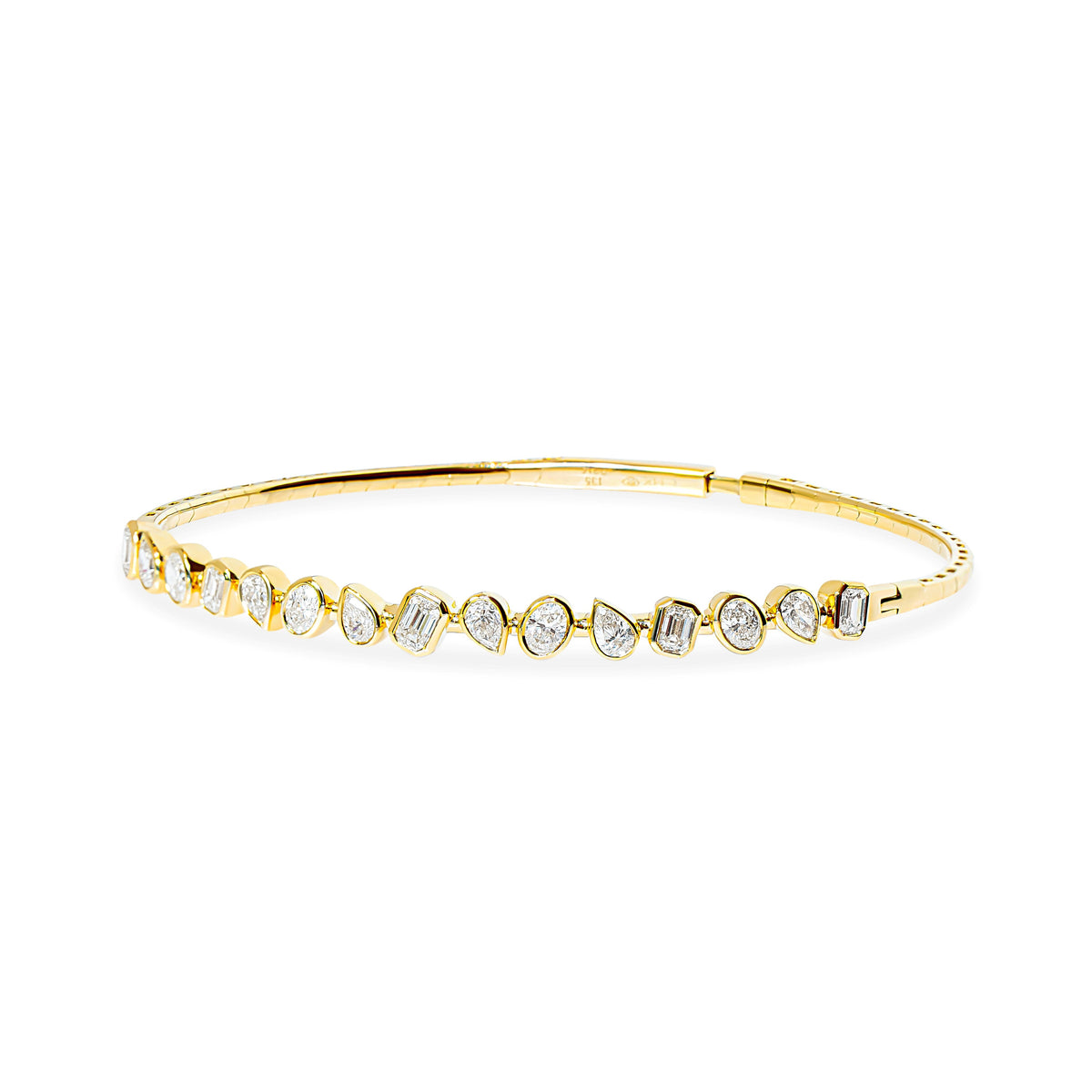 A delicate gold flexible bangle bracelet featuring a row of bezel-set emerald-cut, pear, and oval natural diamonds, photographed on a solid white background.