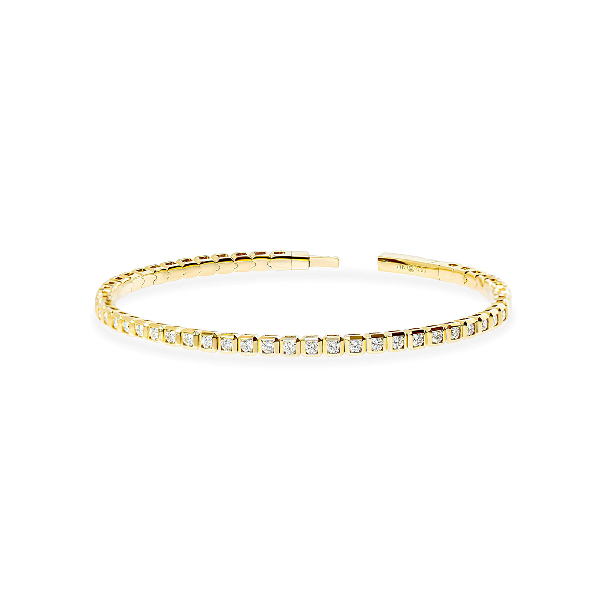 A gold diamond flexible bangle with a continuous row of bezel set natural round diamonds set in a geometric square frame, displayed on a clean white background.