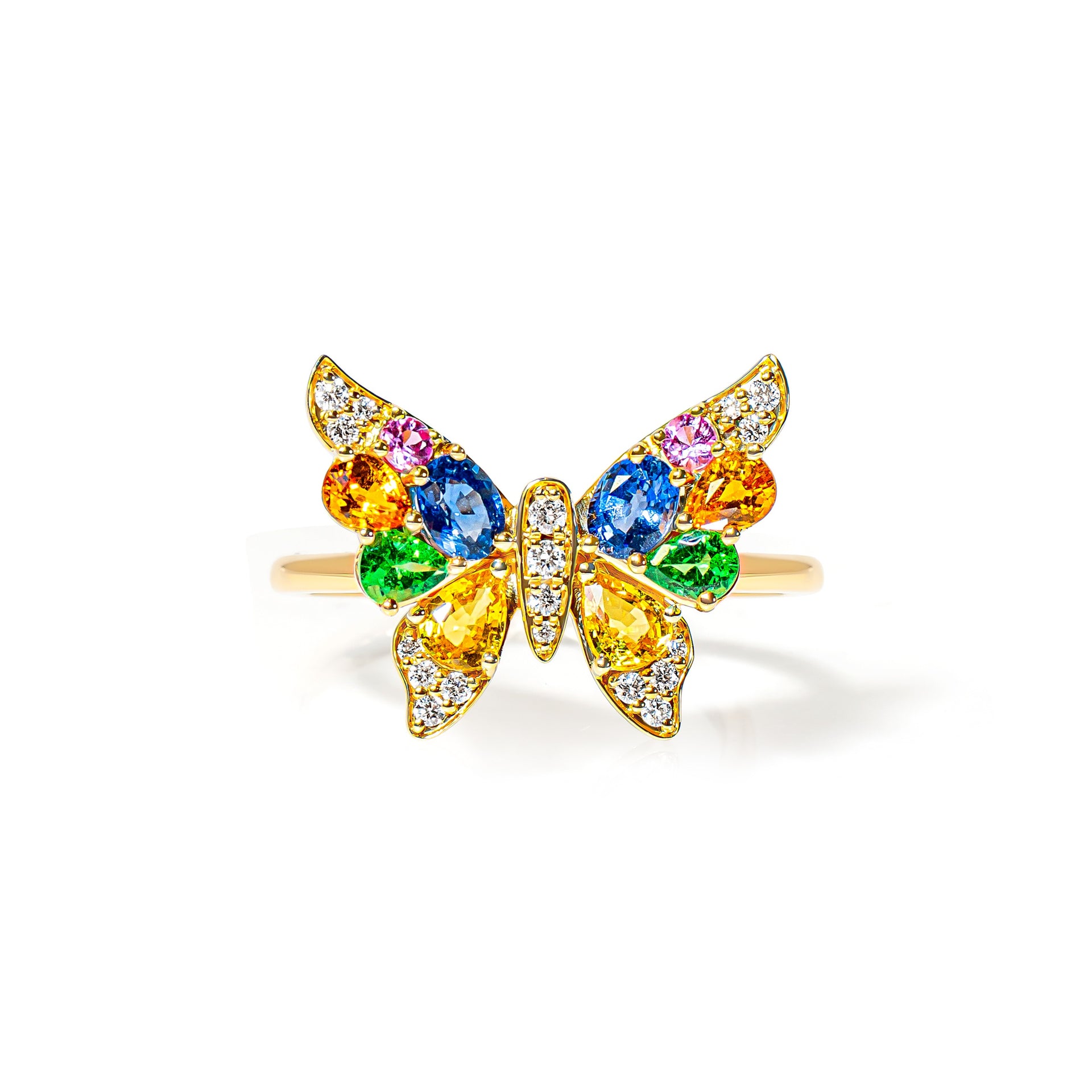 Butterfly-shaped ring with colorful gemstones on a white background