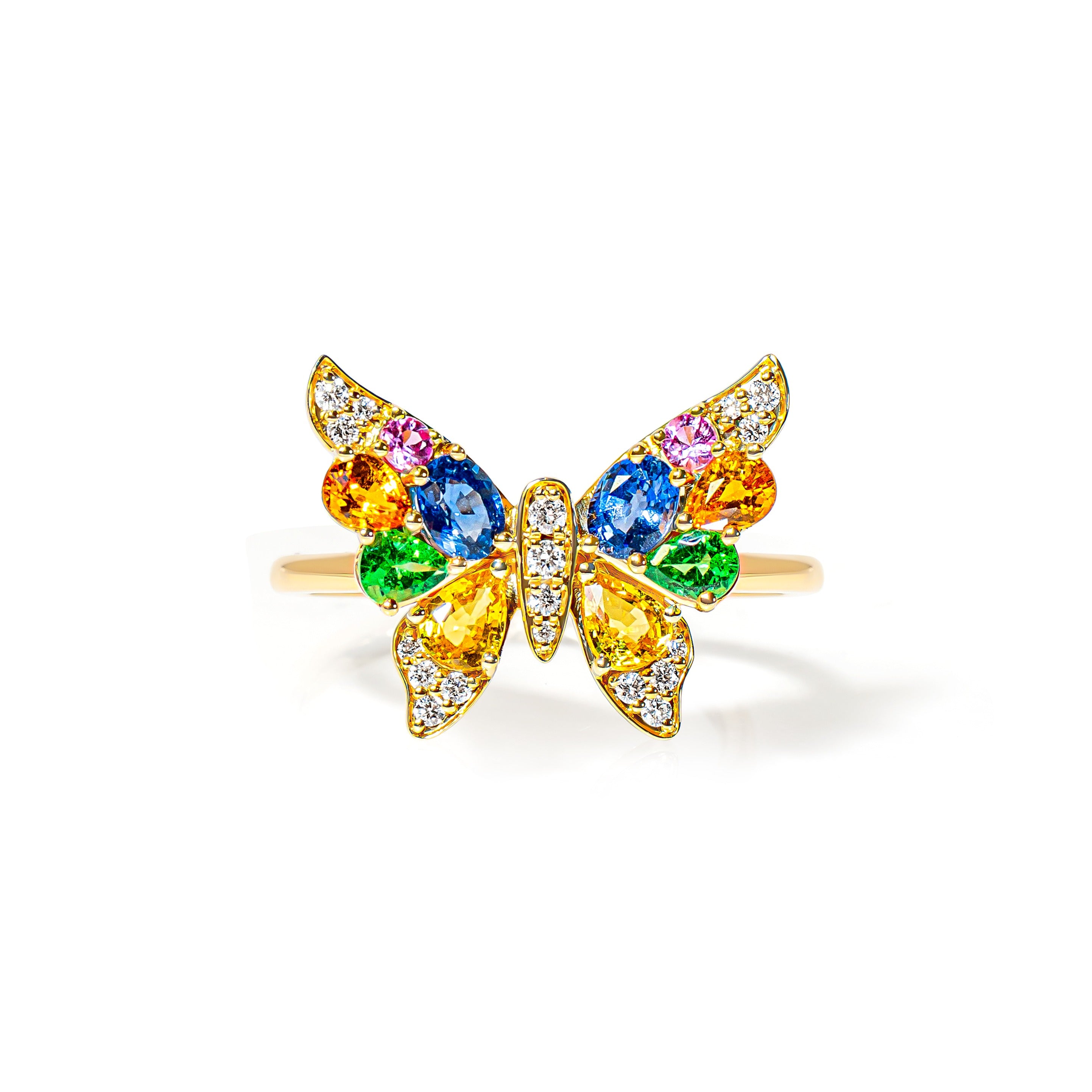 Butterfly-shaped ring with colorful gemstones on a white background