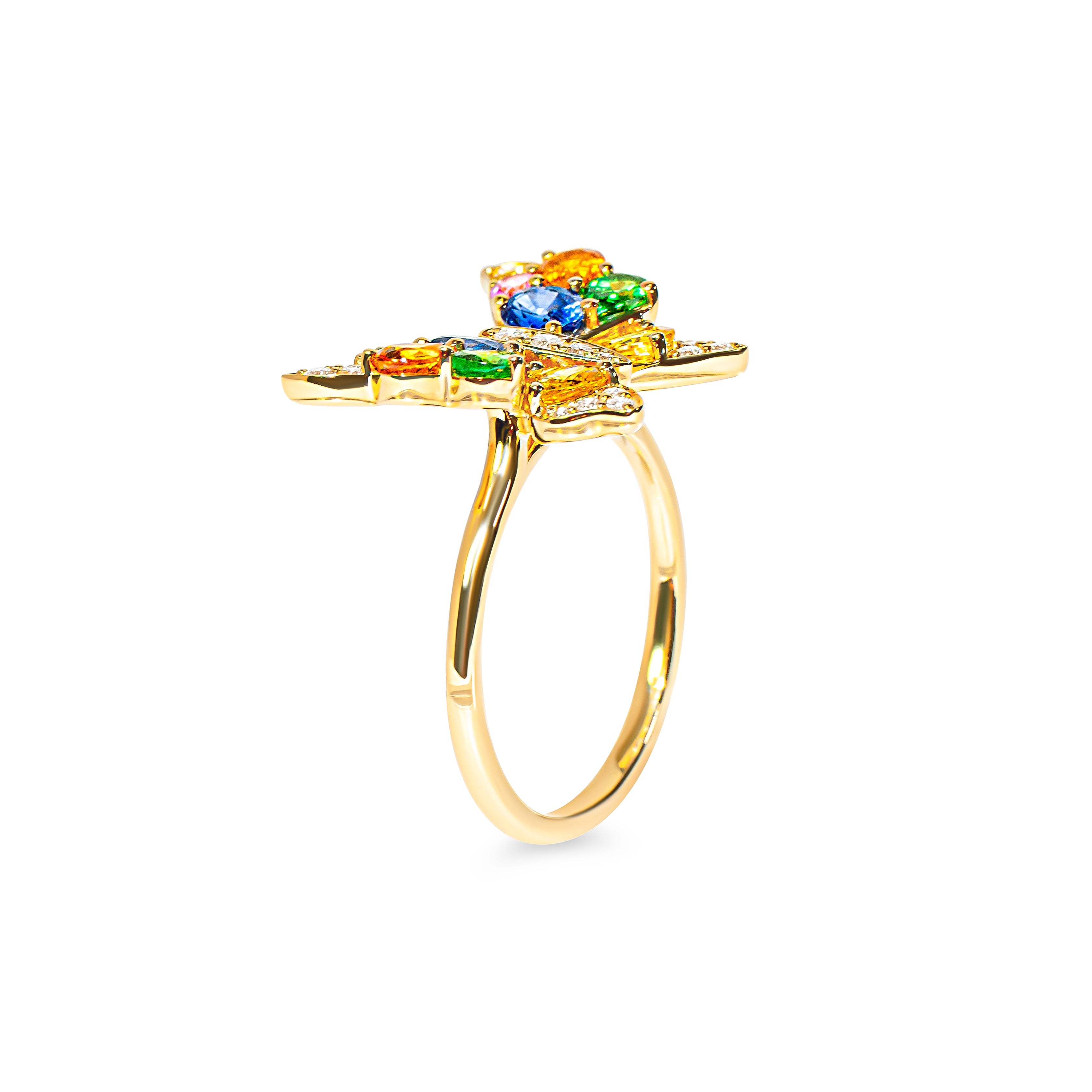 Butterfly-shaped ring with colorful gemstones on a white background