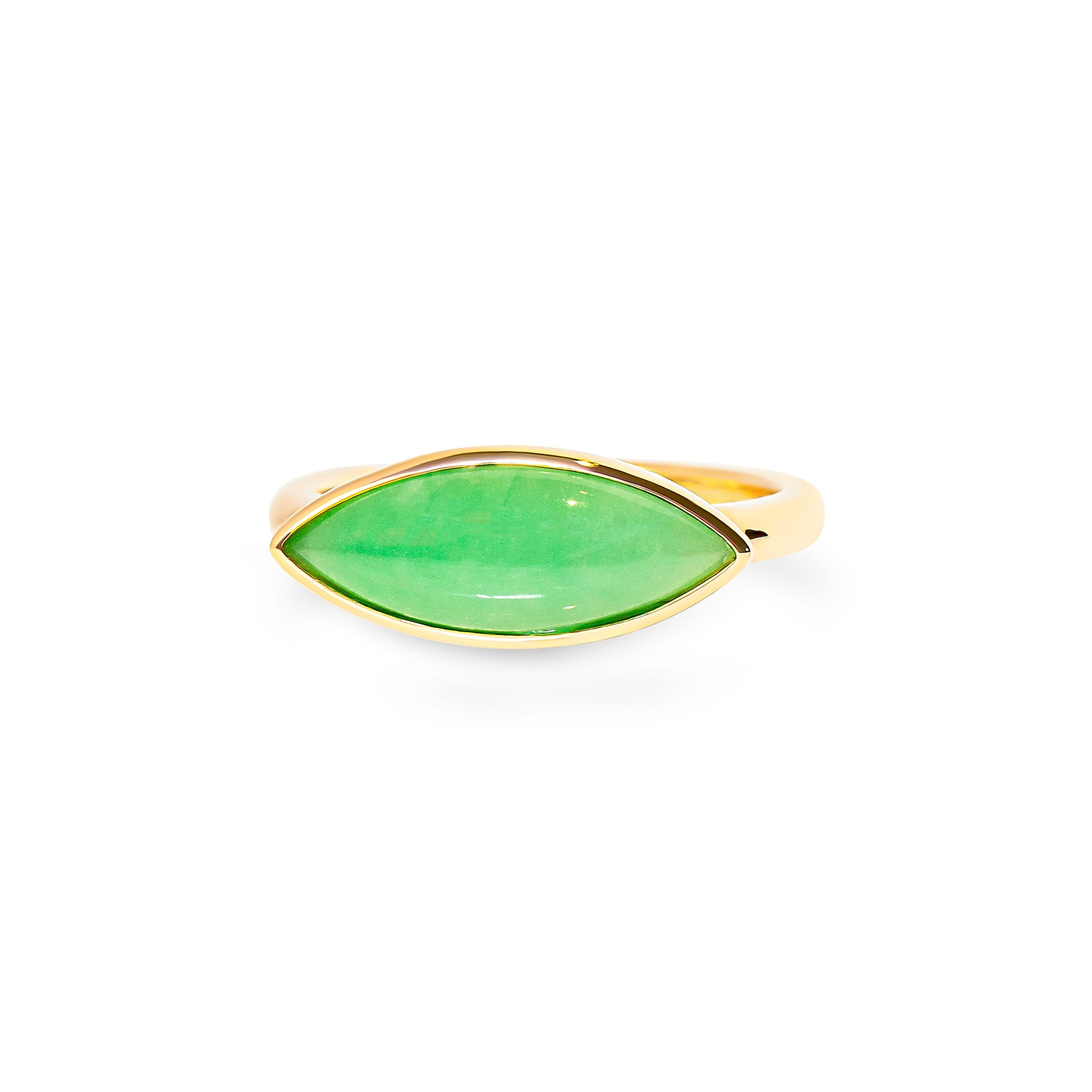 Gold ring with a marquise green jade on a white background