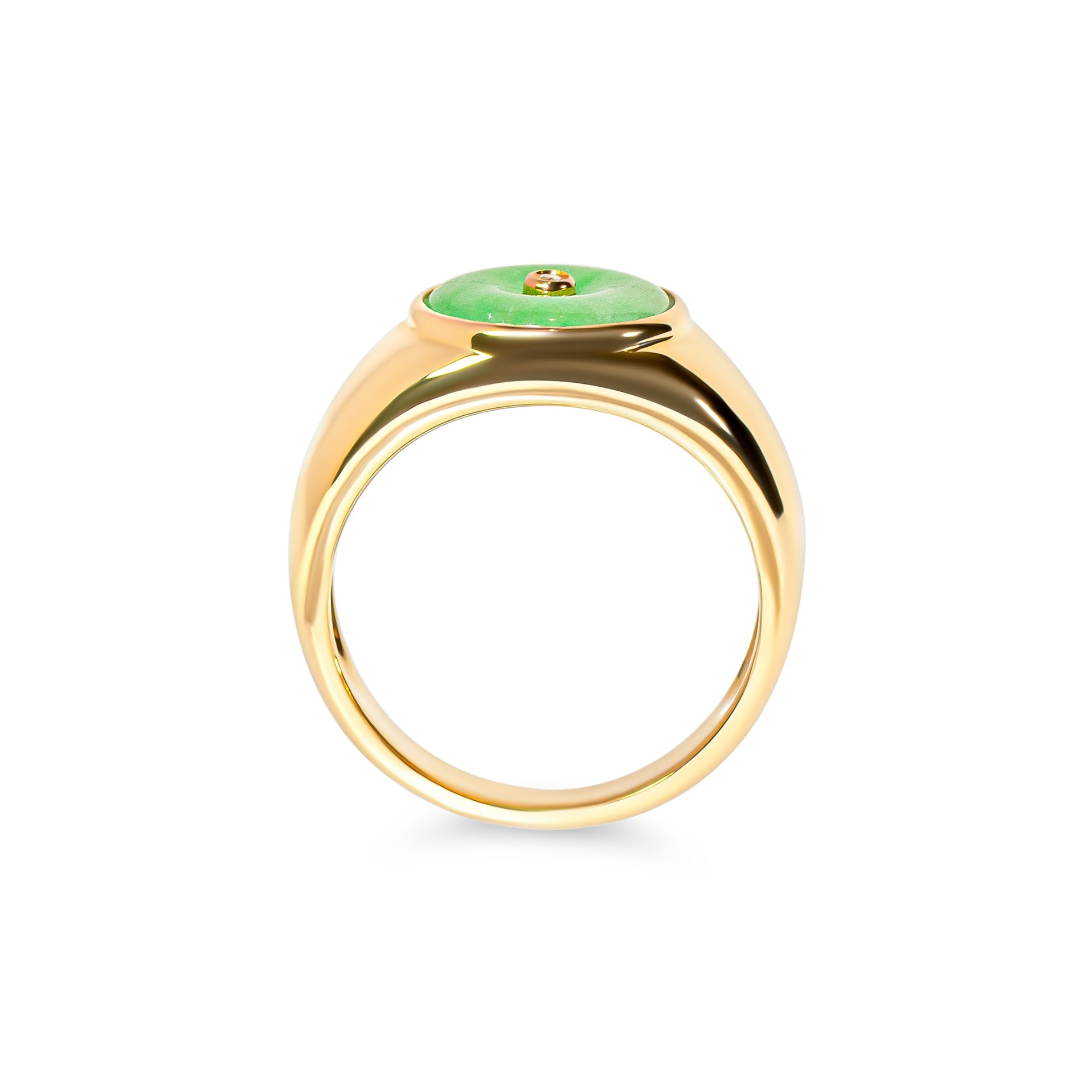 Gold ring with a green jade on a white background