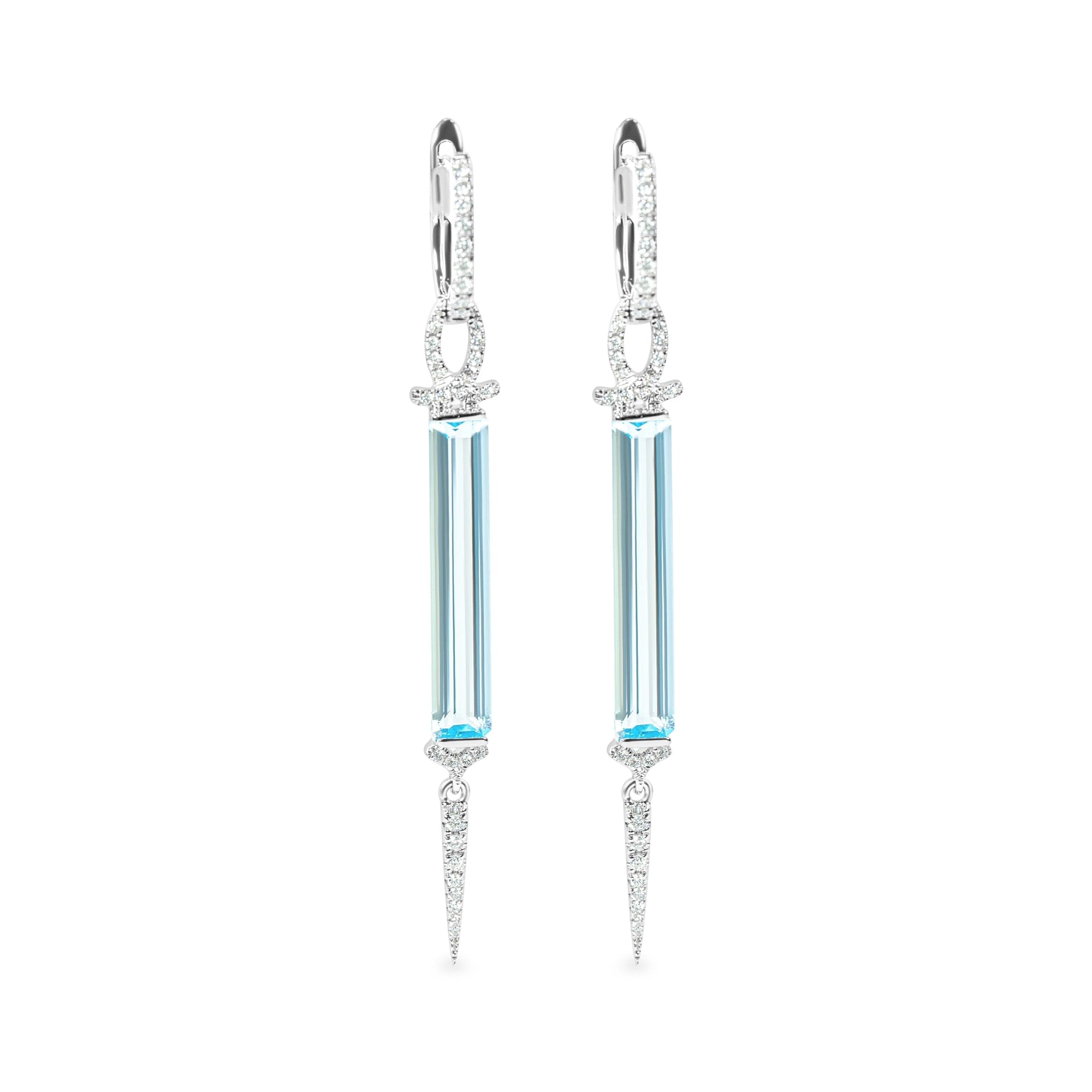"Lark" Sky Blue Topaz & Diamond Art-Deco Inspired Dangle Earrings in 18k white 2BT-6.44CTTW & 68RD-0.34CTTW