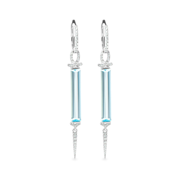 "Lark" Sky Blue Topaz & Diamond Art-Deco Inspired Dangle Earrings in 18k white 2BT-6.44CTTW & 68RD-0.34CTTW
