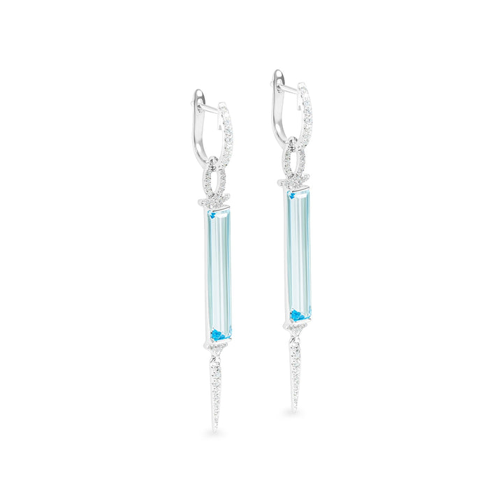 "Lark" Sky Blue Topaz & Diamond Art-Deco Inspired Dangle Earrings in 18k white 2BT-6.44CTTW & 68RD-0.34CTTW