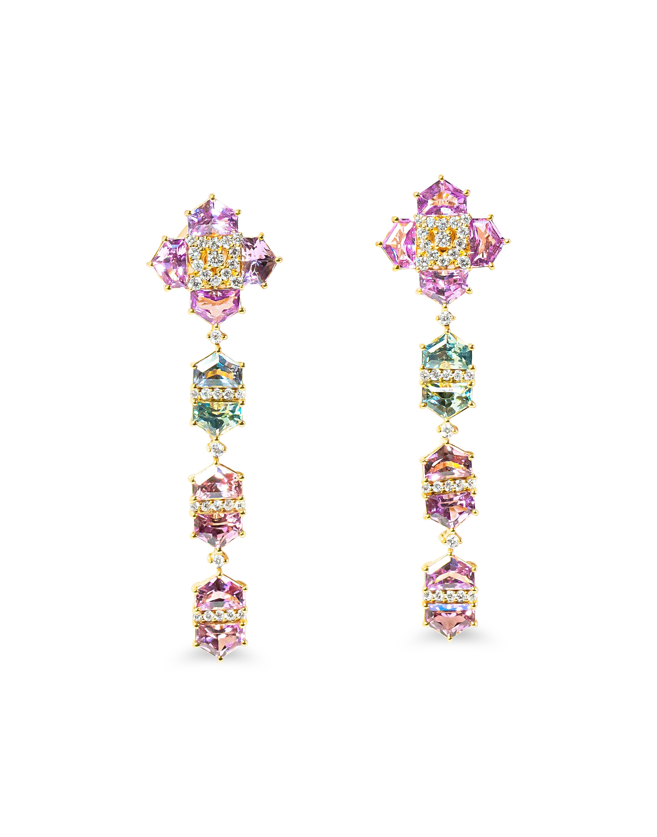 Multicolored sapphire drop earrings with a floral design on a white background