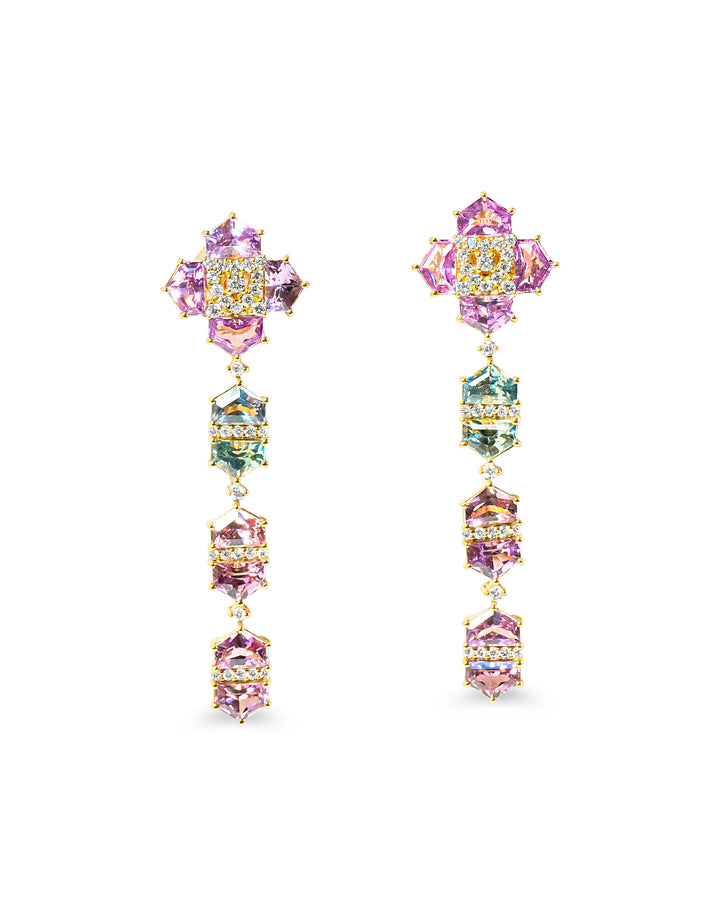 Multicolored sapphire drop earrings with a floral design on a white background