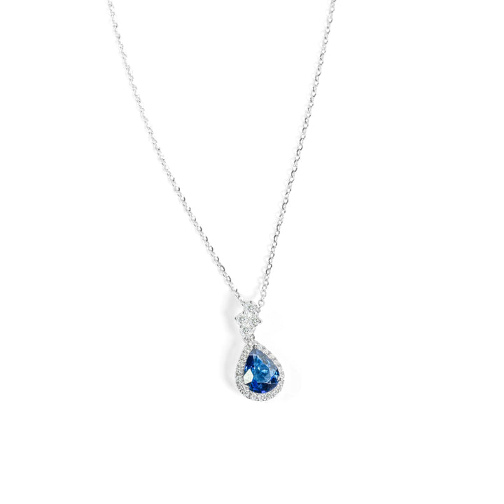 "Ciel" Pear Blue Sapphire and Diamond Halo pendant in 18k White 