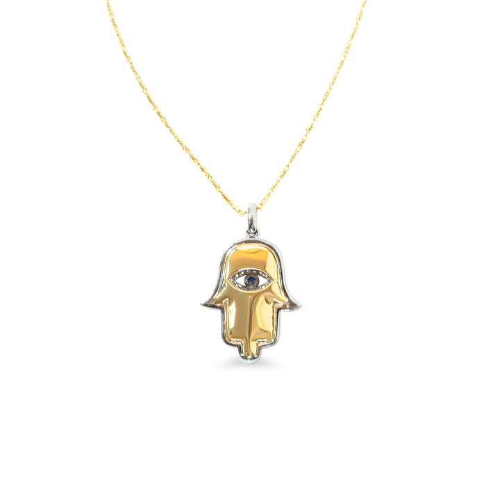 Back of Gold Hamsa hand pendant necklace on a white background 