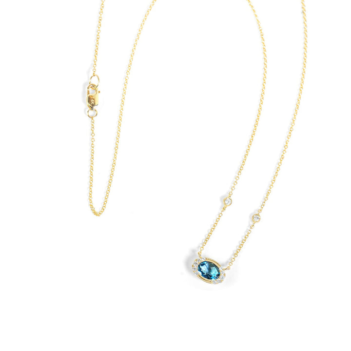 "Azure Drop" Oval London Blue Topaz & Diamond Necklace in 14k Yellow Gold 