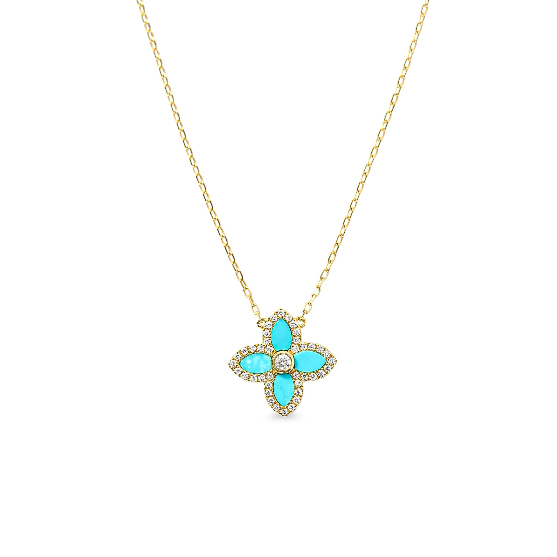 Gold necklace with a turquoise clover pendant with diamonds on a white background