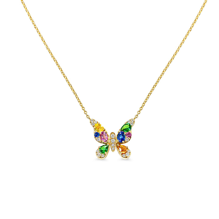 Butterfly-shaped necklace with colorful sapphires and diamonds on a gold chain against a white background