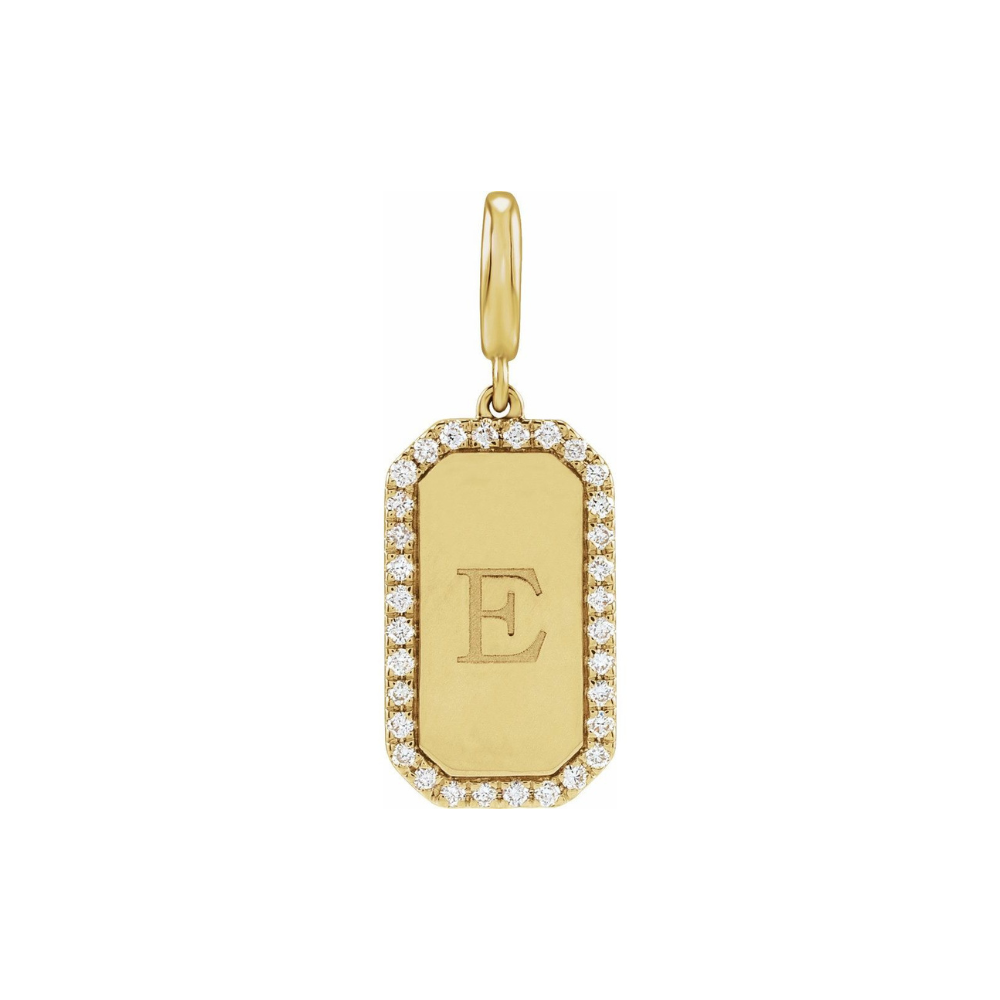 Gold pendant with 'E' letter and diamond accents on a white background