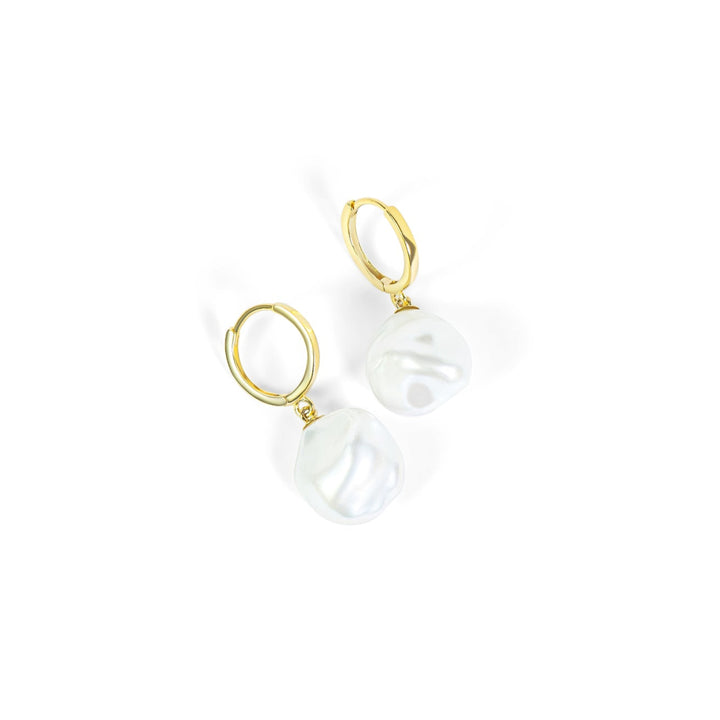 "Nerida" 9.0-10mm White Cultured Baroque Pearl Hoop Drop Earrings in 14k Yellow Gold 
