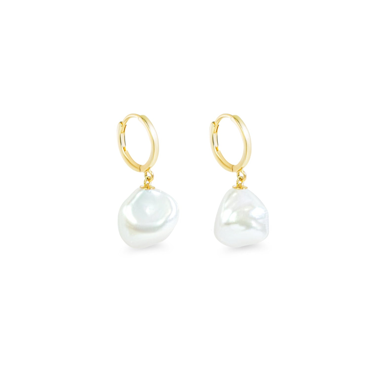 "Nerida" 9.0-10mm White Cultured Baroque Pearl Hoop Drop Earrings in 14k Yellow Gold 
